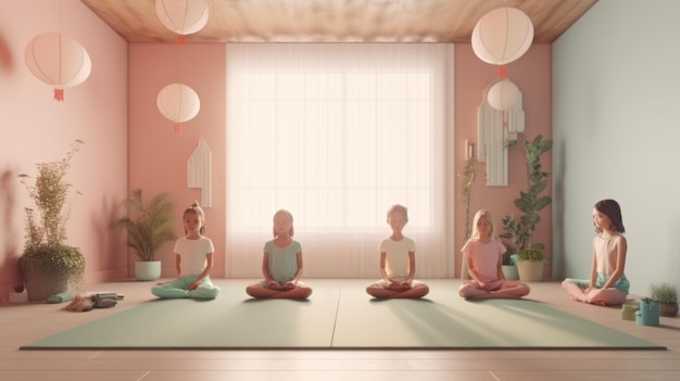 Un estudio de yoga con una pared rosa y un grupo de personas sentadas en una alfombra.