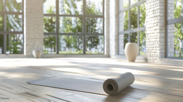 Foto el estudio de yoga sereno espera con una alfombra desenrollada que promete paz y ejercicio consciente