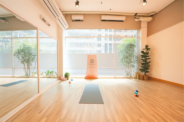 Un estudio de yoga con una silla y un letrero que dice "yoga"