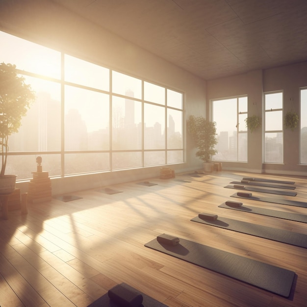 Un estudio de yoga con vista a la ciudad.