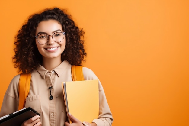 Estudiosa vibrante jovem estudante encaracolada usando mochila e óculos generativa ai