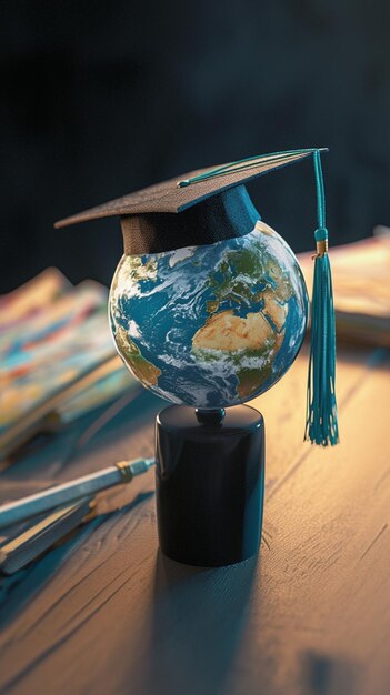 Estudo de negócios em todo o mundo Chapéu de graduação com conceito de globo terrestre Papel de parede móvel vertical