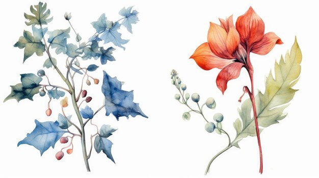 Estudos botânicos de aquarela de folhas e flores gerados por IA