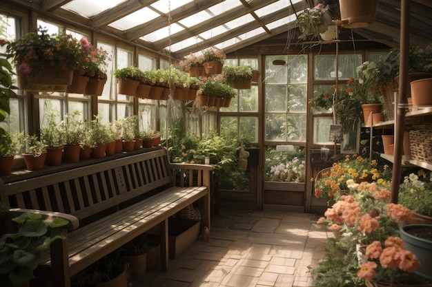 Estufa com cestos suspensos, plantas com flores e banco de madeira criado com ai generativa