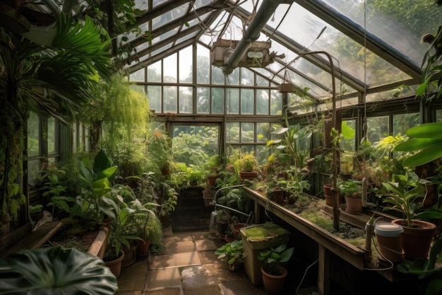 Estufa com vista para um jardim exuberante e uma cachoeira criada com IA generativa