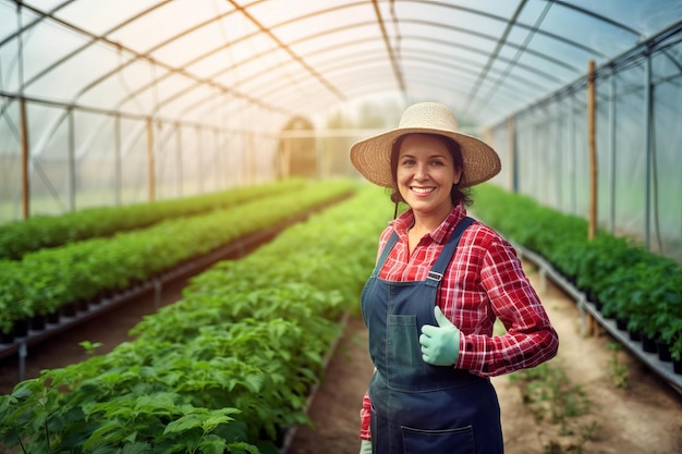 Estufa de fazenda orgânica Agricultora sorridente em estufa vegetal Gerar IA