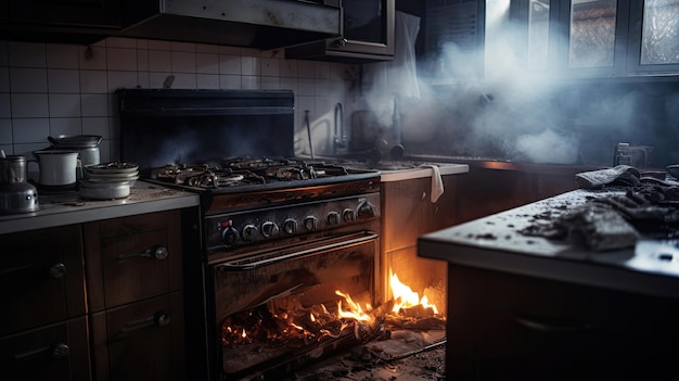 Estufa encendida en la cocina durante la cocción humo y hollín alrededor del fuego en casa