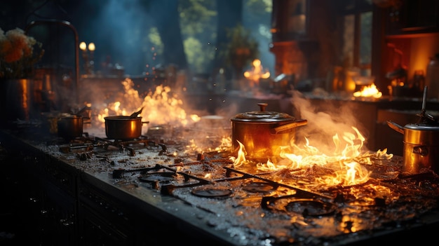 Estufa encendida en la cocina durante la cocción humo y hollín alrededor del fuego en casa