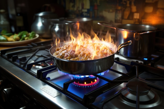 estufa de llama de fuego en la cocina fotografía publicitaria profesional