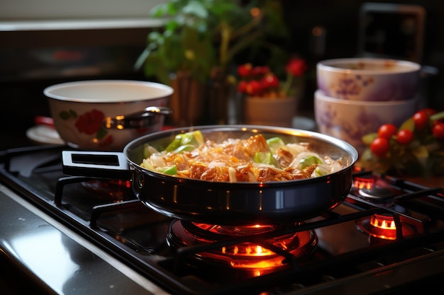 estufa de llama de fuego en la cocina fotografía publicitaria profesional