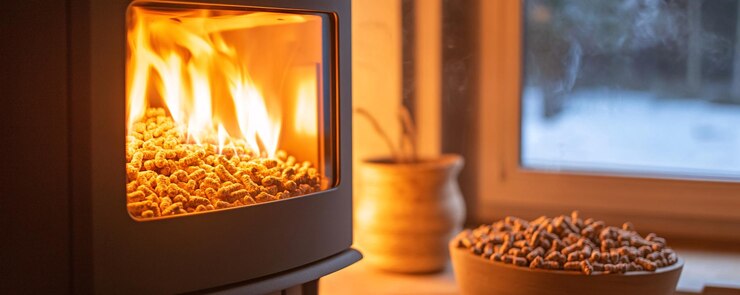 La estufa moderna de pellets que quema pellets de madera para calentar la casa en invierno