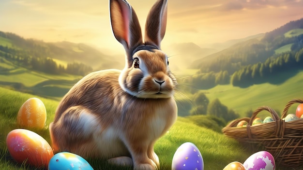 Estupendo conejo feliz con muchos huevos de Pascua en el fondo festivo de la hierba para el diseño decorativo