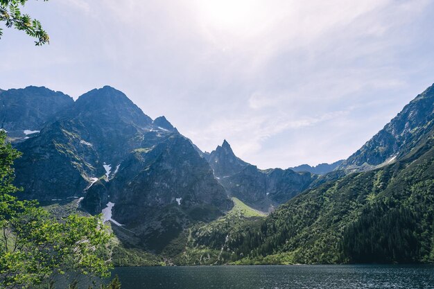 Estupendo lago natural nas montanhas paisagem de verão com céu azul e reflexo na água