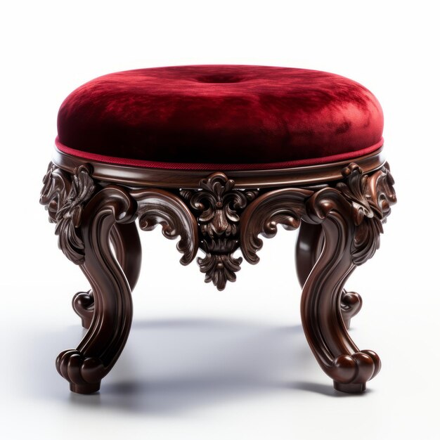 Estupendo taburete de terciopelo victoriano con pies adornados con asiento de terciupelo rojo