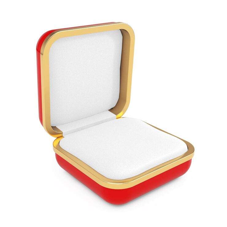 Foto esvazie a caixa de presente vermelha para o anel em um fundo branco. renderização 3d
