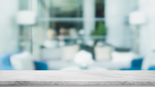 Esvazie o tampo da mesa de pedra de mármore branco e desfoque a bandeira interior do restaurante da janela de vidro simulada fundo abstrato - pode ser usado para exibir ou montar seus produtos.