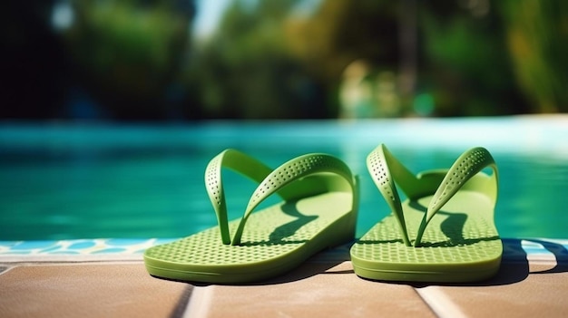Foto etail de chinelos verdes para o verão ao lado da piscina de água molhada