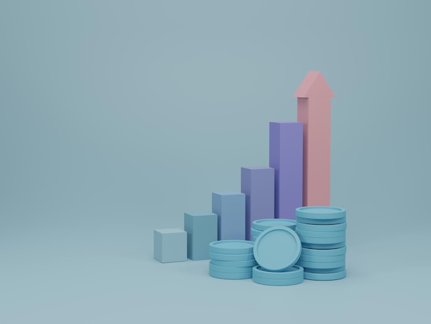 Etapa da escada para o sucesso do crescimento e gráfico de barras com pilha de moedas Gráfico de finanças de crescimento e investir o conceito de negócios 3d render ilustração