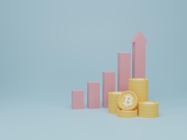 Etapa de escada para o sucesso de crescimento e gráfico de barras com pilha de moedas btc Tendência de criptomoeda e crescente bitcoin subindo Ilustração de renderização 3D
