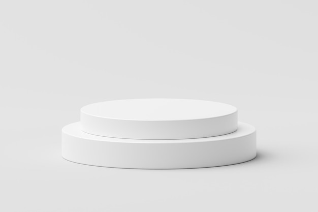 Etapa de plataforma de palco de pódio redondo branco moderno em fundo 3d com apresentação mostrar cena de estúdio de exibição de produto ou cilindro geométrico de pedestal de círculo vazio e suporte de lugar cosmético mínimo em branco