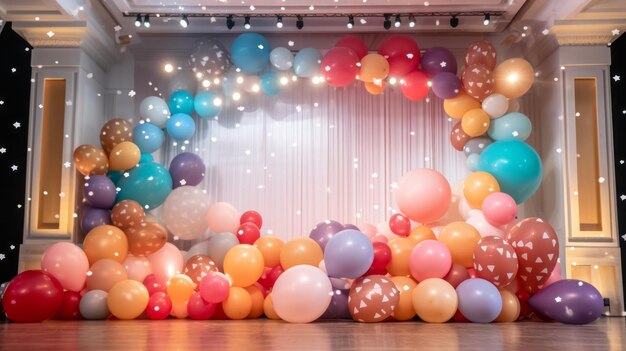 Etapa de la fiesta de cumpleaños con arreglos de globos coloridos