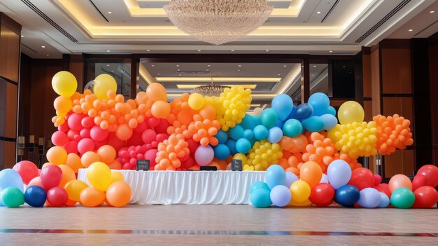 Etapa de la fiesta de cumpleaños con arreglos de globos coloridos