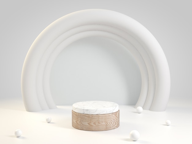 Etapa de madera y mármol con lazo blanco, representación 3D.