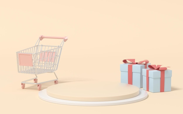 Etapa de mercancía vacía con carrito de compras y caja de regalo representación 3d