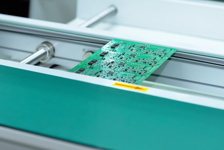 Foto etapa de producción de pcb en el transportador de la línea de producción automática