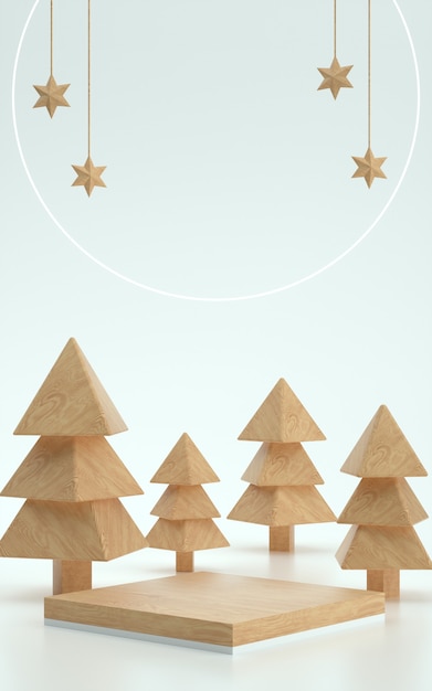 Etapa de producto de árboles de madera o podio para navidad con fondo blanco. Ilustración 3d