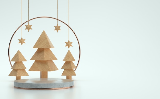 Etapa de producto de árboles de madera o podio para navidad con fondo blanco. Ilustración 3d