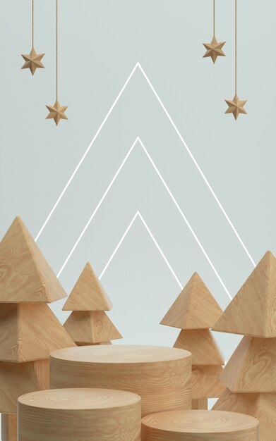 Etapa de producto de árboles de madera o podio para navidad con fondo blanco. Ilustración 3d