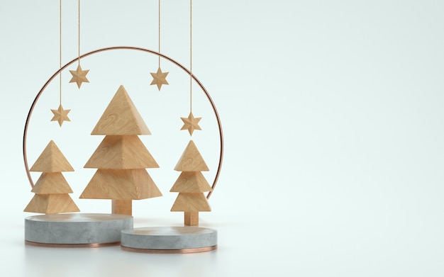 Etapa de producto de árboles de madera o podio para navidad con fondo blanco. Ilustración 3d