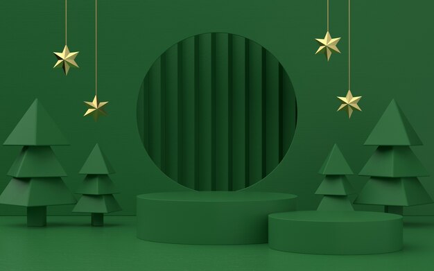 Etapa de producto de tema verde de Navidad con árbol y estrellas para promo o banner. Ilustración 3d