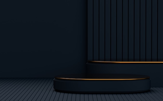 Etapa de promoción de productos cosméticos de lujo oscuro y dorado con podio de aspecto abstracto de fondo 3d render