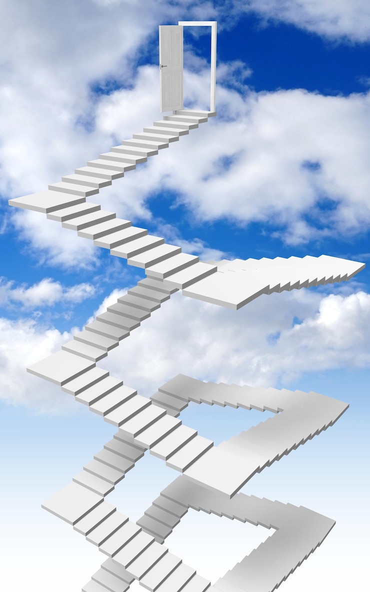 Foto etapas e céu da porta aberta com ilustração 3d do conceito da imaginação das nuvens