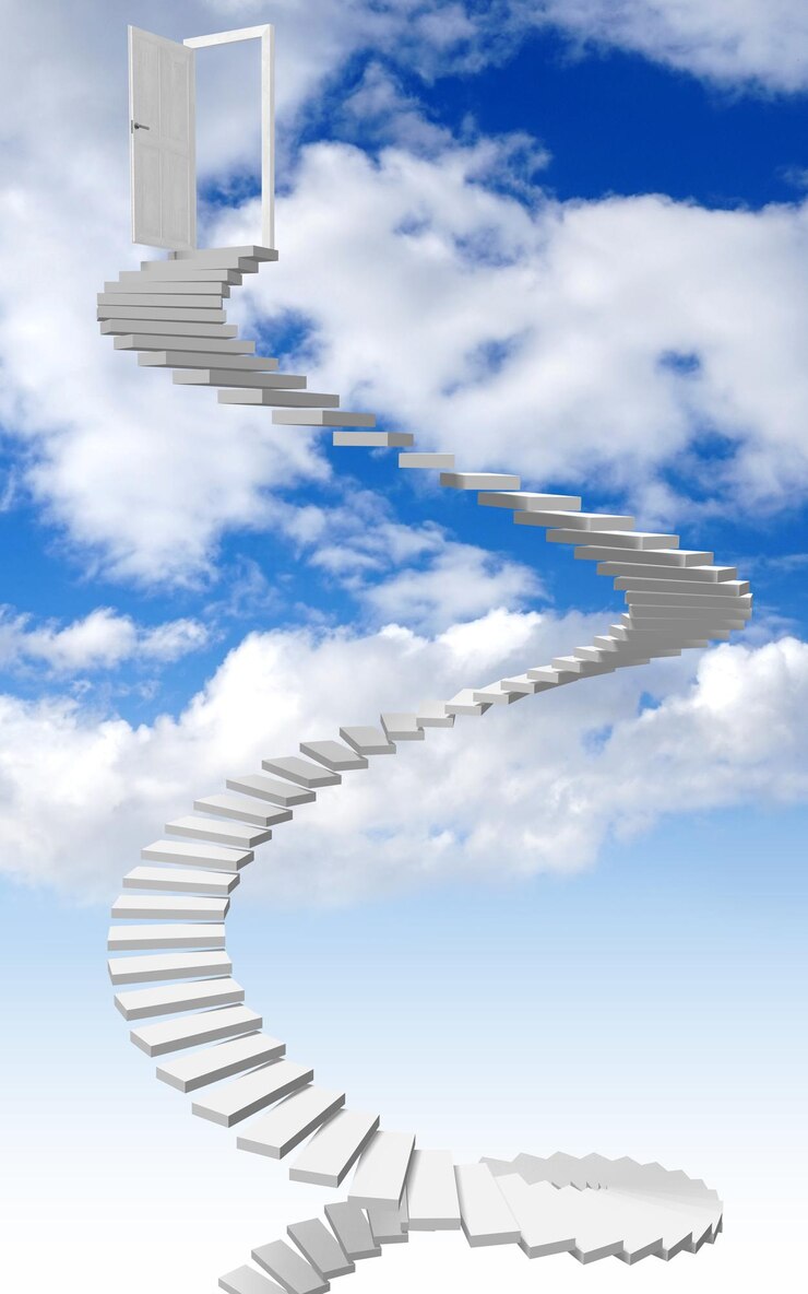 Foto etapas e céu da porta aberta com ilustração 3d do conceito da imaginação das nuvens