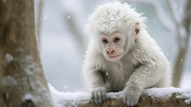 Un etéreo cachorro de gorila albino jugando en un bosque nevado