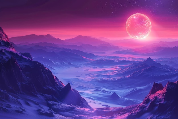 Ethereal Alien Planet Rising Over Mystical Snowy Mountain Landscape mit lebendigem Himmel bei Dusk Fantasy