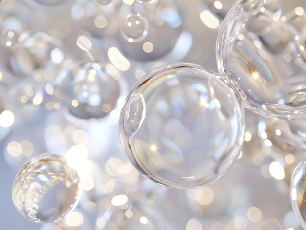 Ethereal Bubble scape Una composición serena de burbujas transparentes que flotan suavemente iluminadas por luz suave que crea un efecto bokeh y reflejos dentro de cada esfera