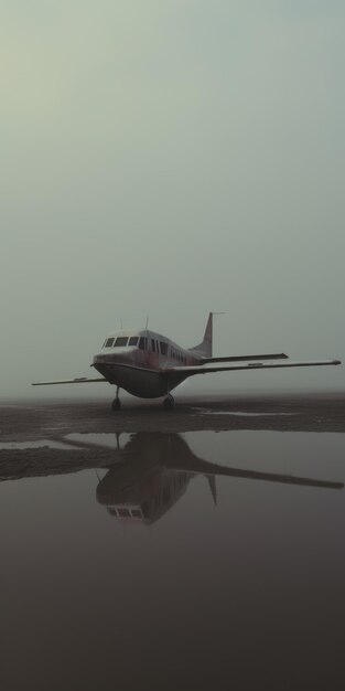 Ethereal Cinematic Still-Aufnahme eines leeren Jets auf einem nebligen Flussmündung