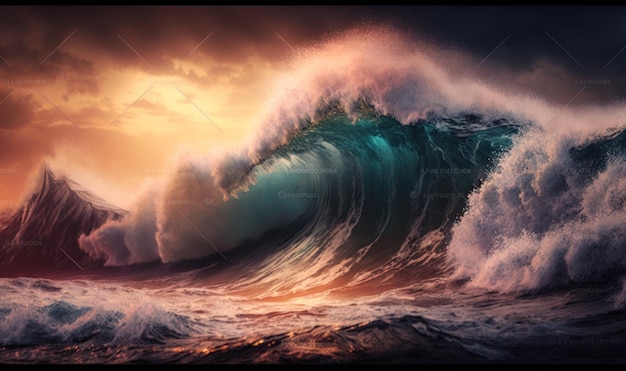 Ethereal Dawn Sea Waves Panorama para fondos de ensueño IA generativa
