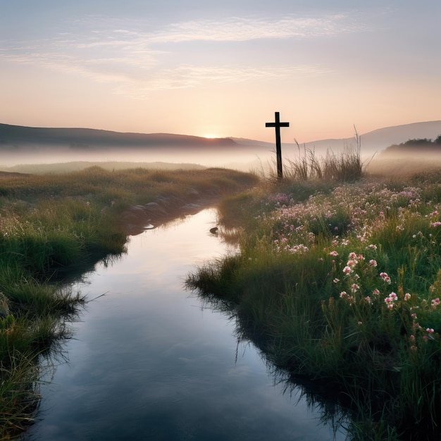 Ethereal Dawn Uma cruz de madeira solitária em um rio que flui suavemente em um prado florido gerado por IA