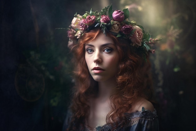 Ethereal Fantasy Retrato de mujer hermosa con Floral Crown Generative Ai