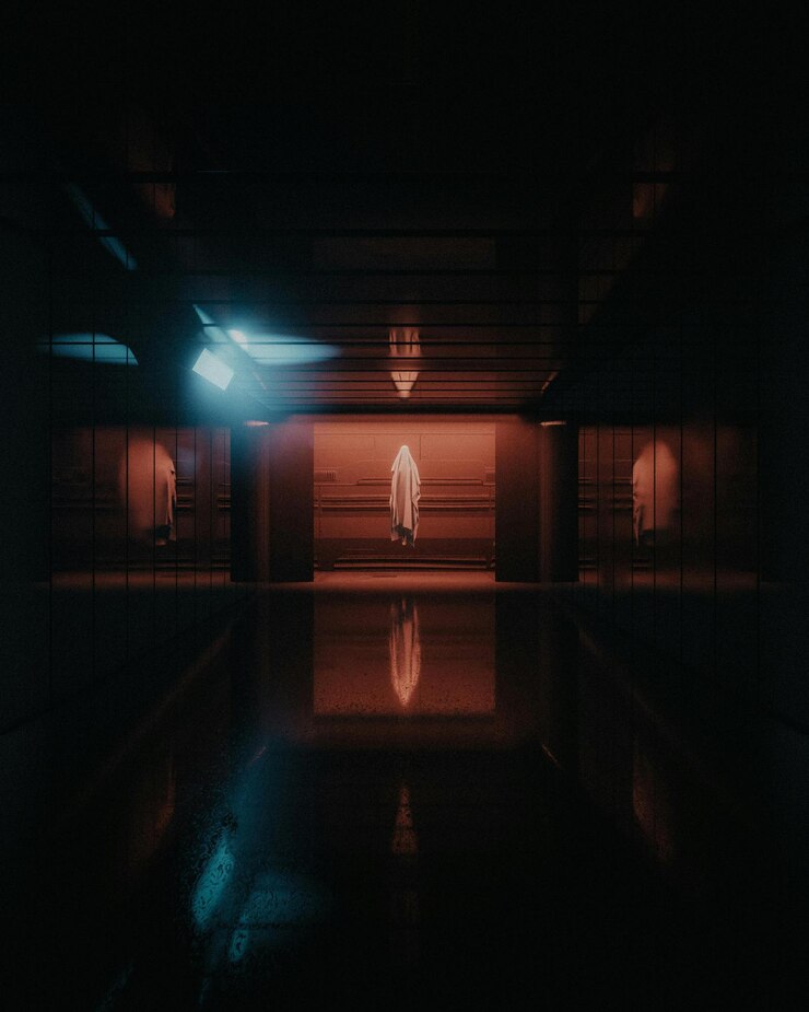 Ethereal Figure in a Futuristic Corridor