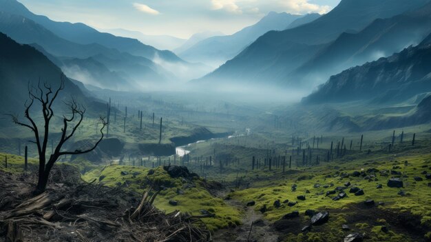 Ethereal Vray rastreando las Montañas Rocosas Postapocalípticas en luz cian y verde