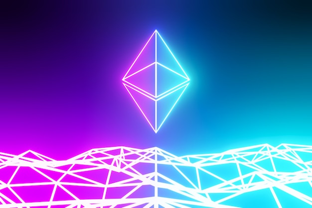 Ethereum Cryptocurrency Technologie abstrakten Hintergrundkonzept. Helles neonrosa blaues Logo auf futuristischem Hintergrund in Blau. Wiedergabe der Abbildung 3D.