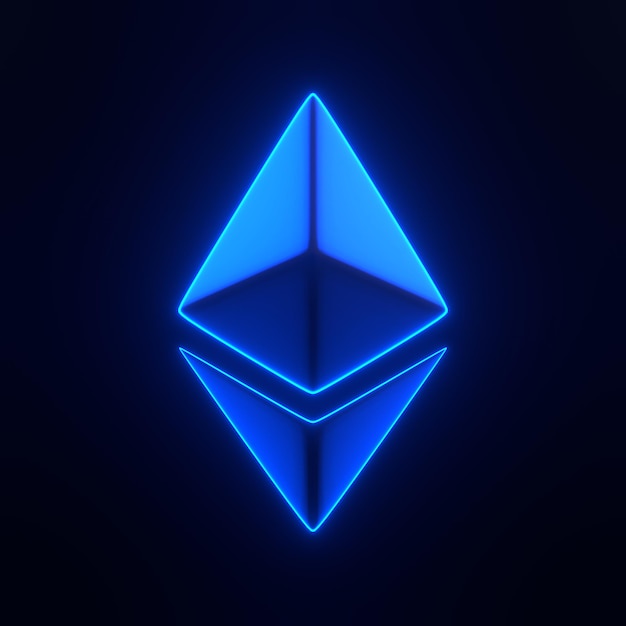 Ethereum-Logo mit leuchtend leuchtenden futuristischen blauen Lichtern auf schwarzem Hintergrund