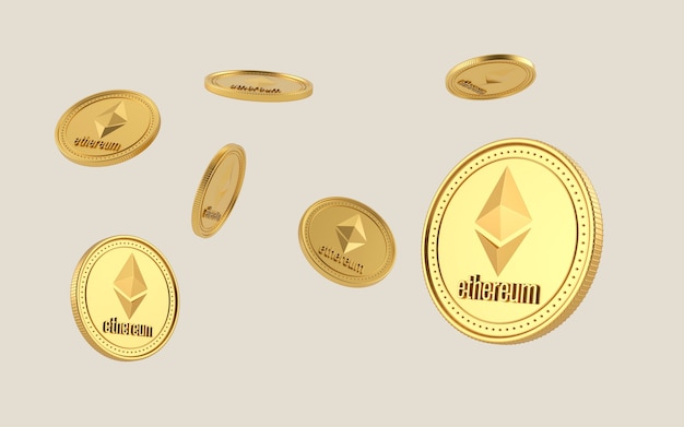 Ethereum-Münze fliegt auf klarem Hintergrund. Kryptowährung Ethereum. Blockchain, digitaler Geldwechsel. Verschiedene Positionen und Drehungen.