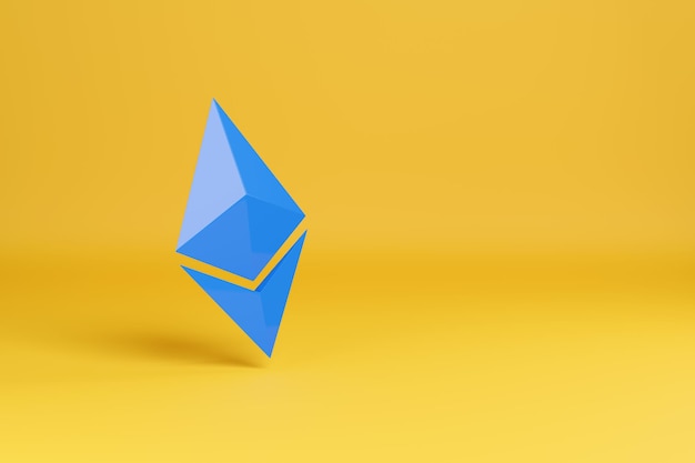 Ethereum-Symbol isoliert auf gelbem Hintergrund mit Kopierraum 3D-Darstellung